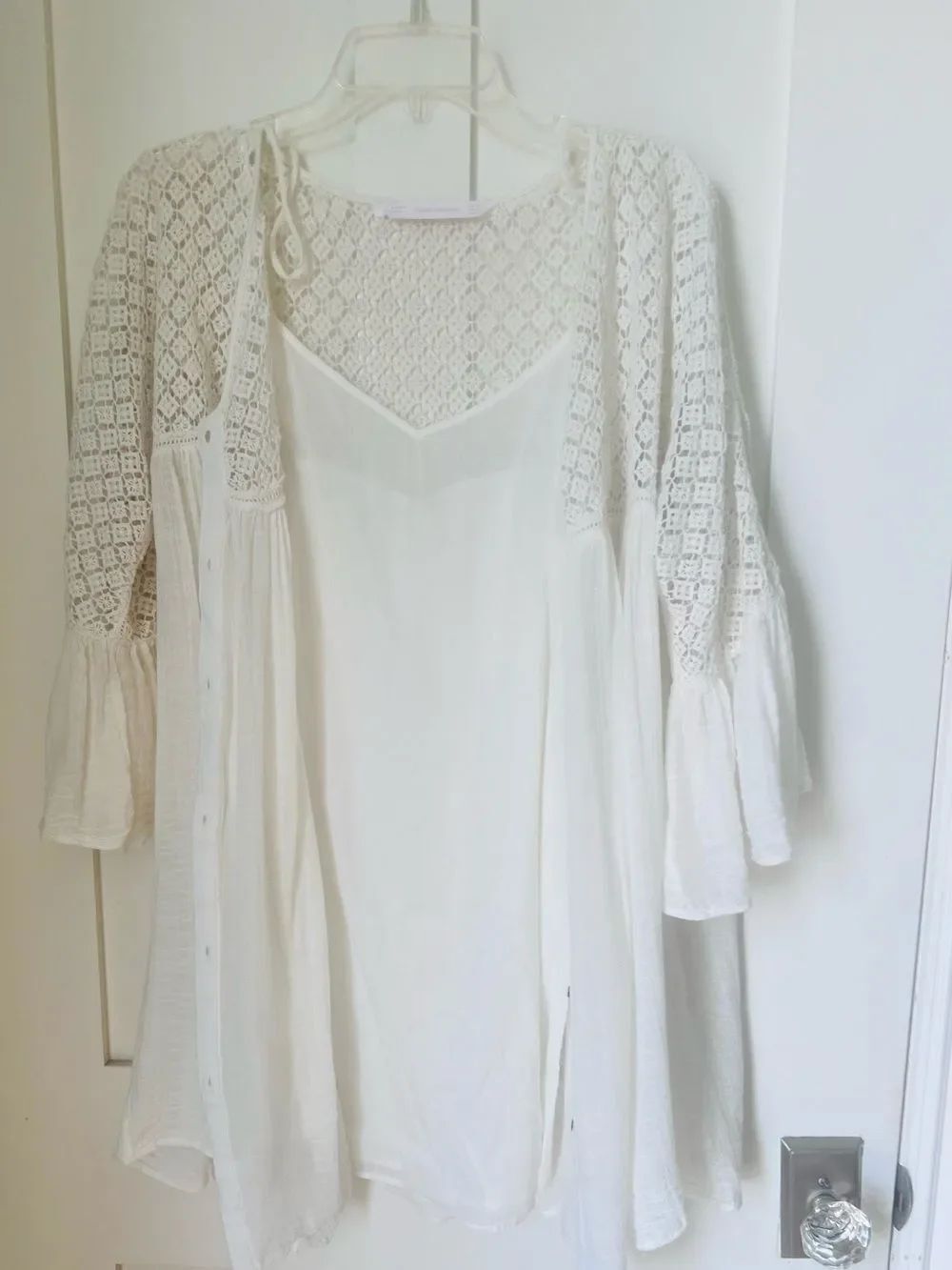 Zara 100% Cotton Cream Crochet BohoTunic Flowy Bell Sleeve Cottagecore Blouse XS - Picture 6 of 13